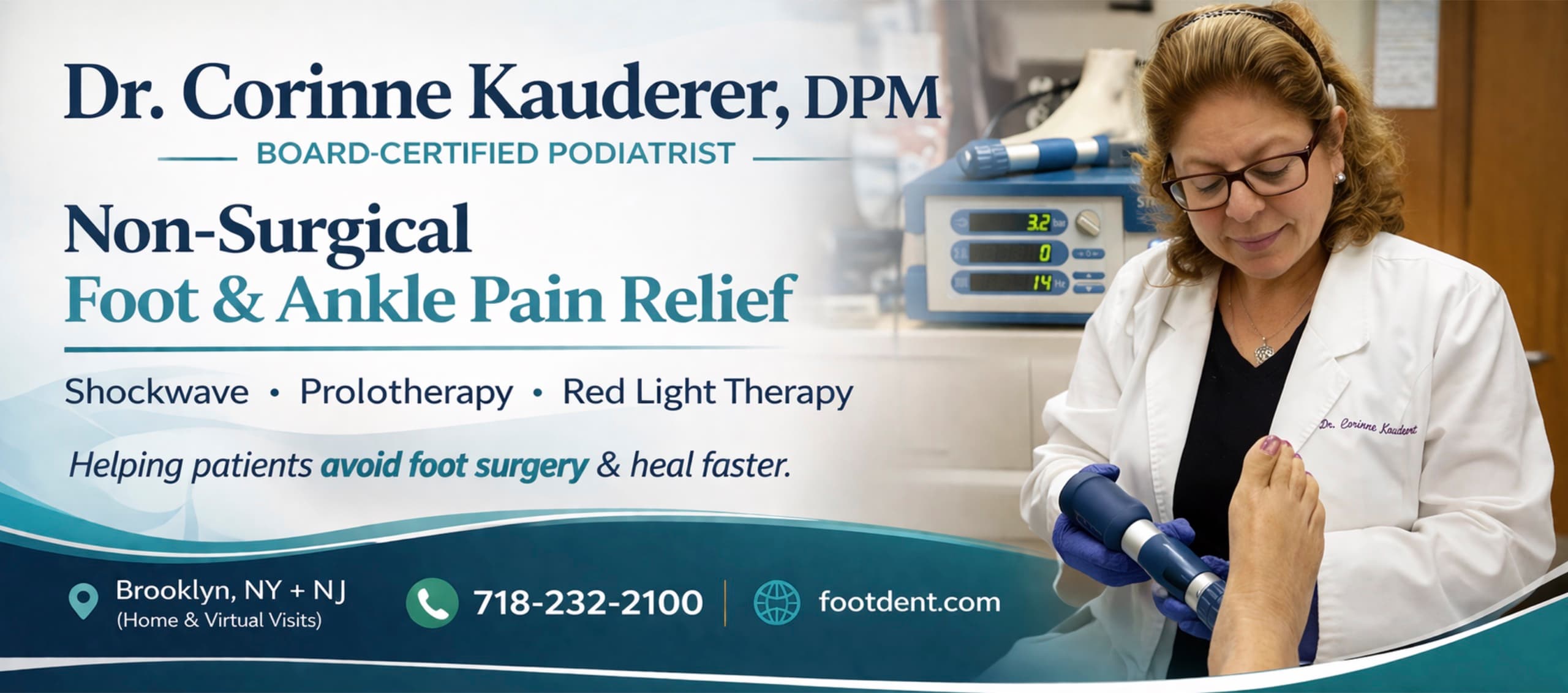 Dr. Corinne Kauderer, DPM providing non-surgical foot and ankle pain relief with shockwave, prolotherapy, and red light therapy
